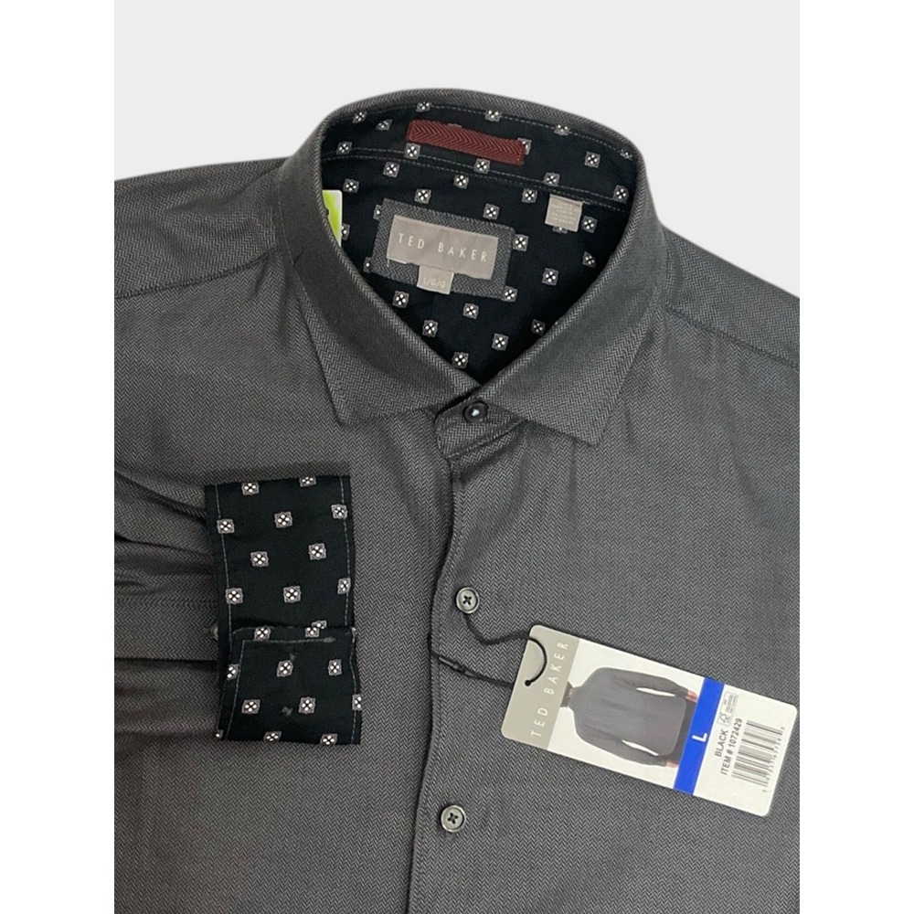 Ted Baker Men's Long-Sleeve Button-Down Shirt Herringbone Black LG / LARGE New